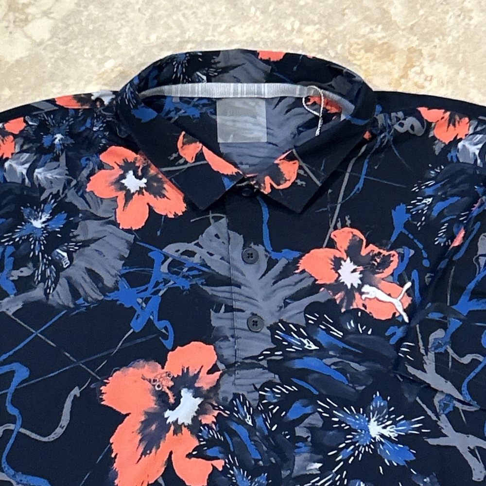 Puma Nassau Polo‎ Mens M Navy Blue Floral Short Sleeve Shirt Special Edition